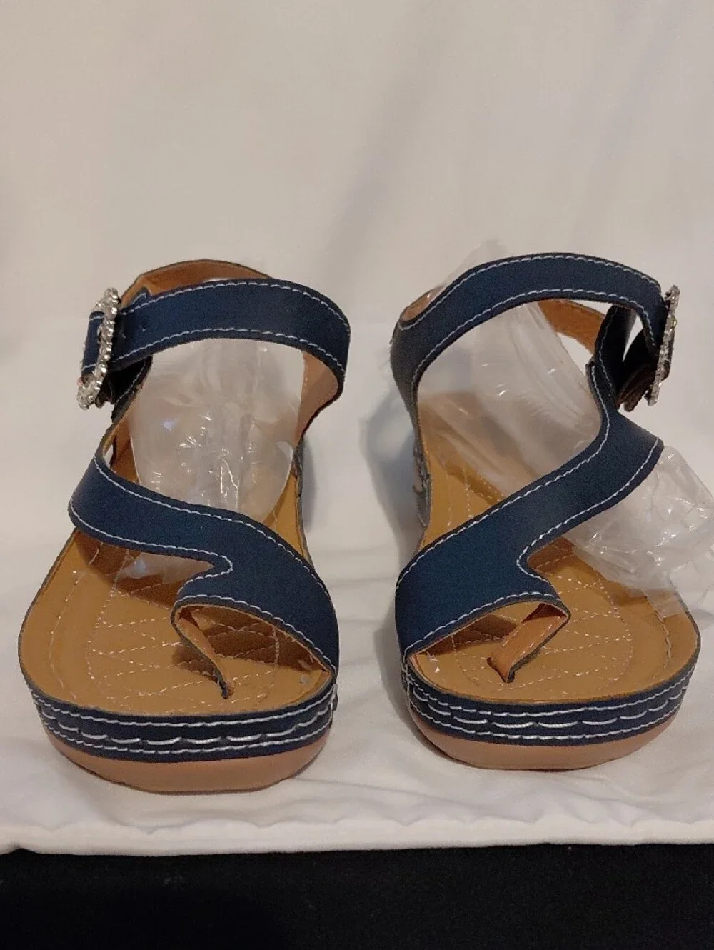 Women's Navy Wedge Sandals with Rhinestone Buckle